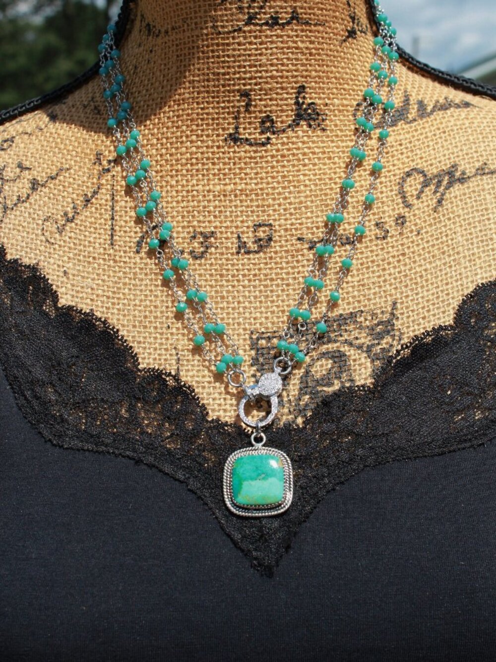 Turquoise 3 Strand Necklace with Pave Clasp by Knottedup, 20 Inches